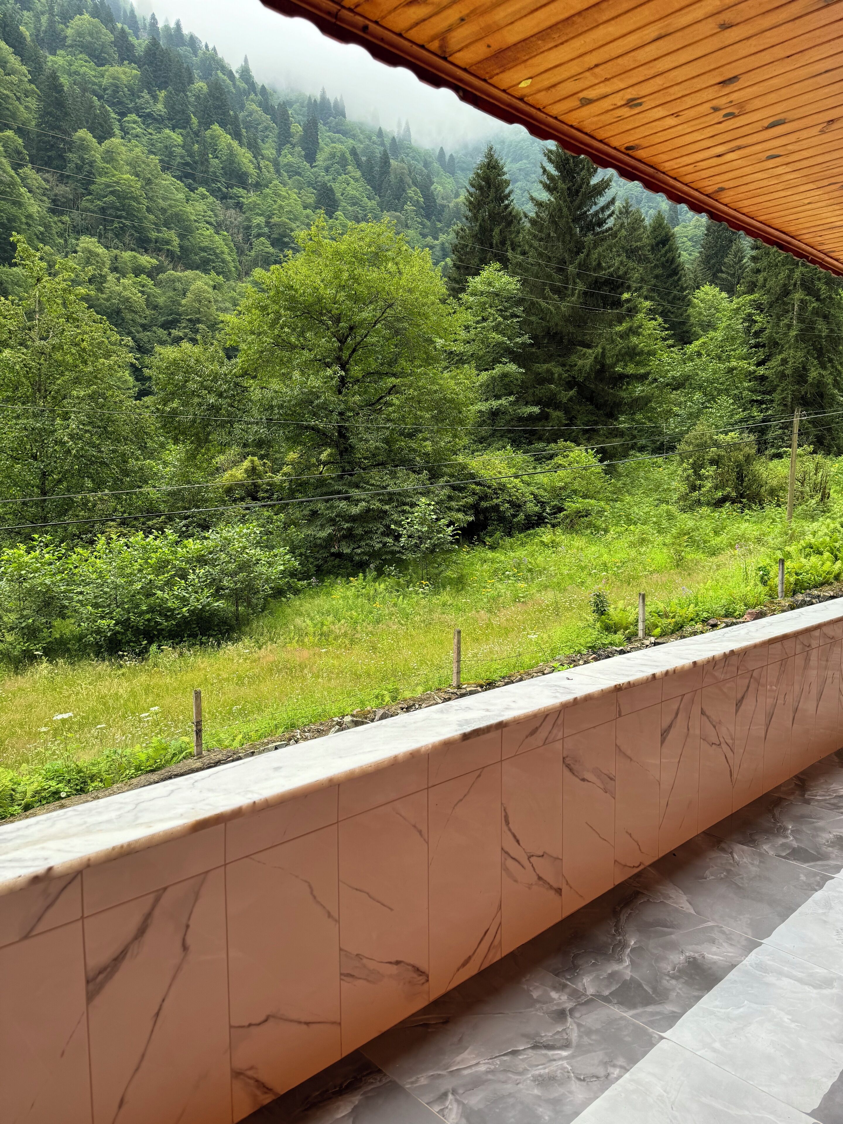 A view from a balcony with a marble-tiled floor and a wooden ceiling.