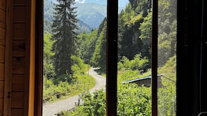 Una cabaña de madera con un amplio ventanal que da a un valle boscoso y una cordillera.