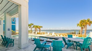 A pool area with chairs and a table, a view of the sea, and a sign indicating no swimming allowed. - Bora Bora Beach House (Navarre)