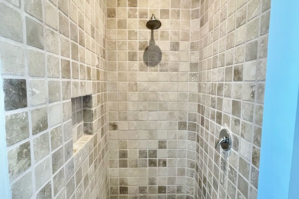 Shower, jetted tub, hair dryer, towels