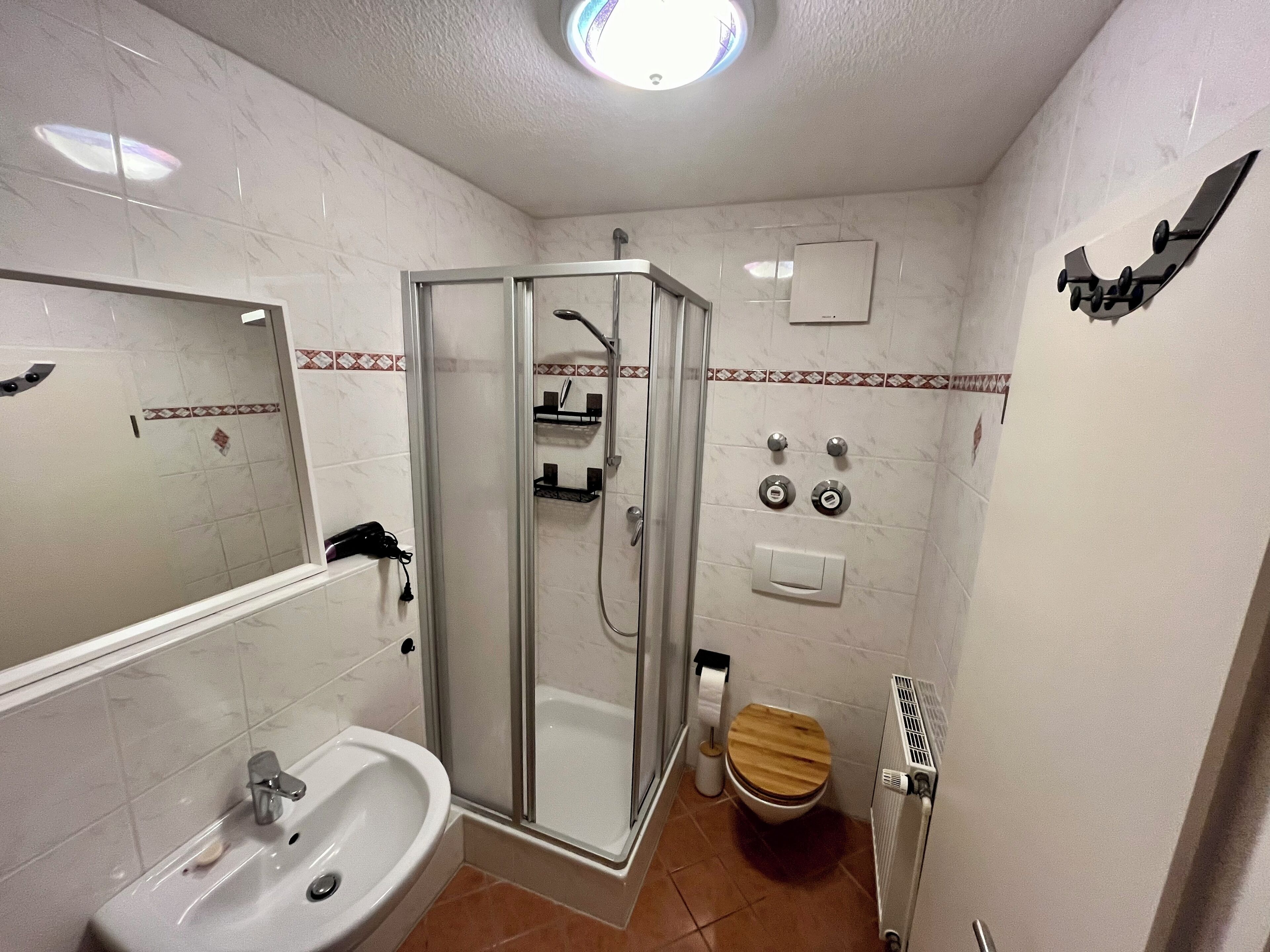 A bathroom with a glass-enclosed shower, a sink, a toilet, and a mirror.
