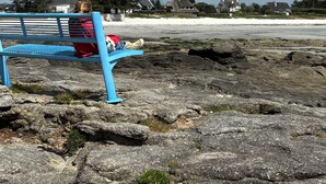 A blue bench with a person sitting on it, overlooking a rocky beach and houses in the background. - La Maison de Célestine Bord de mer et Piscine (Plonéour-Lanvern)