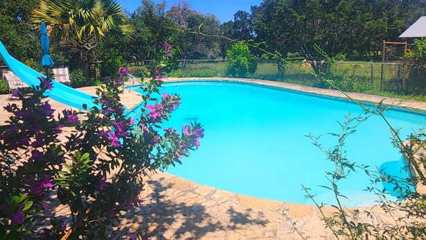 Piscina azul cristalina rodeada de exuberante vegetación y un tobogán azul.