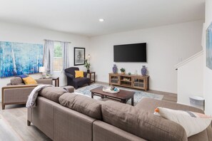 Smart TV, fireplace, DVD player, books