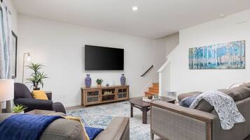 Smart TV, fireplace, DVD player, books