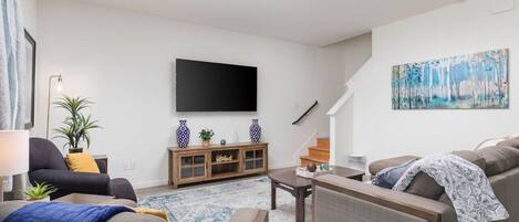 Smart TV, fireplace, DVD player, books