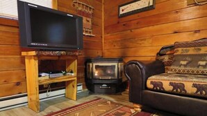 Una habitación acogedora con detalles de madera, un televisor sobre un mueble de madera, una chimenea y un sofá con cojines estampados.