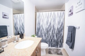 Hair dryer, towels, soap, shampoo