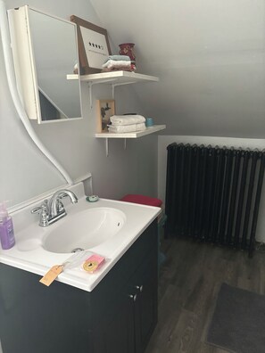 Secador de cabelo, toalhas de banho, sabonete, papel higiênico