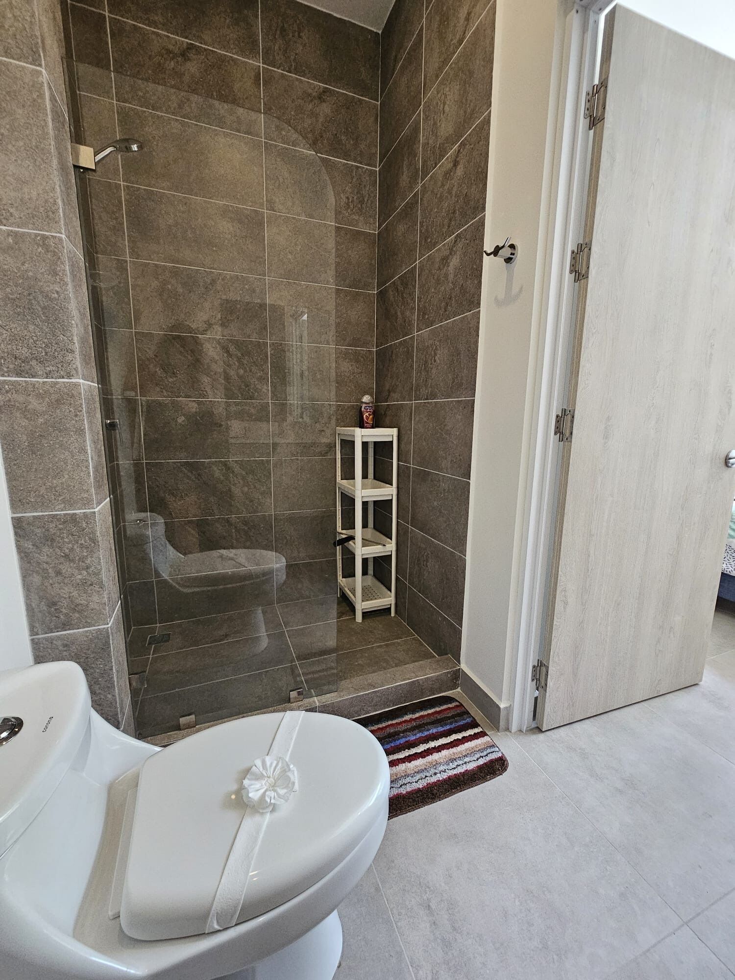 Un baño con ducha, inodoro y un estante pequeño.