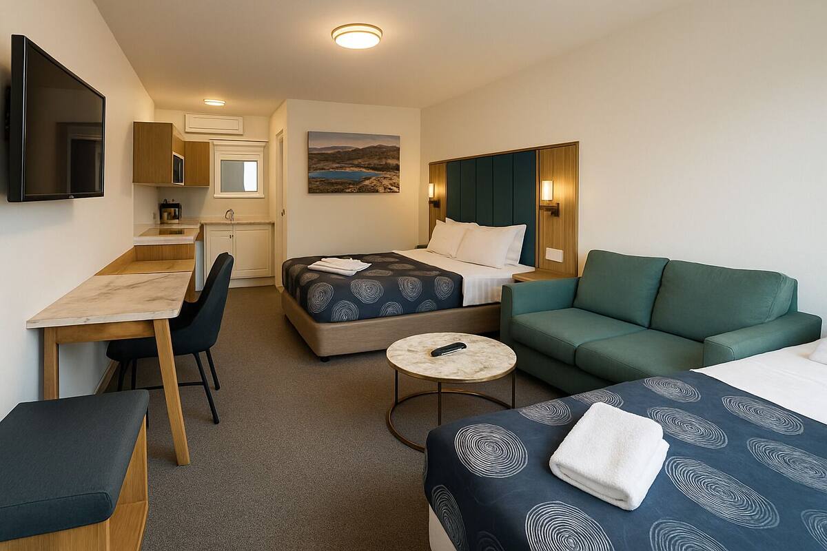 A compact hotel room with a bed, a green sofa, a desk with a chair, a small round table, and a television mounted on the wall.