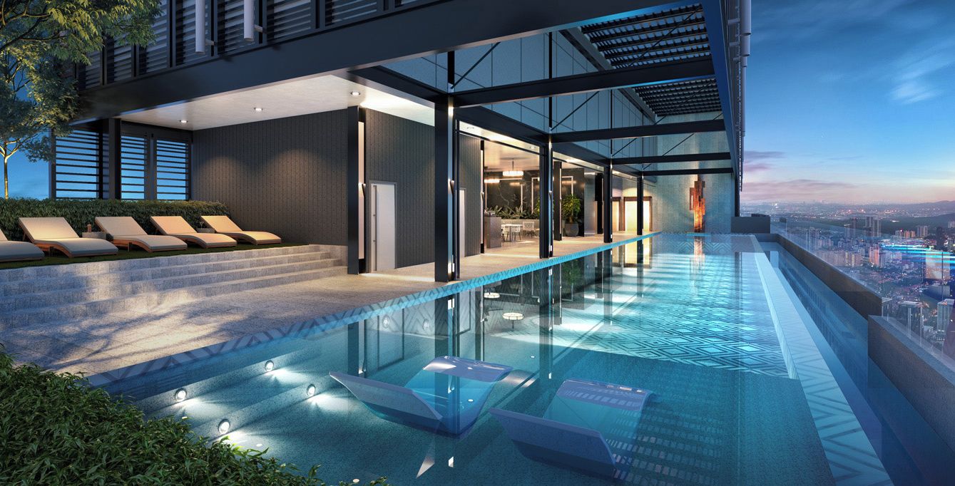 Um edifício moderno com piscina infinita no terraço, espreguiçadeiras e vista para a cidade.