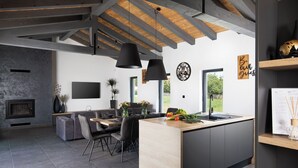 A modern kitchen with a central island, dark-toned furniture, and a visible fireplace. - Villa Frola (Istria - Muntic) (Muntic)