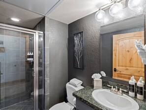 Shower, jetted bath, hair dryer, towels