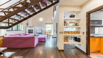 Televisio, takka, DVD-soitin, stereot