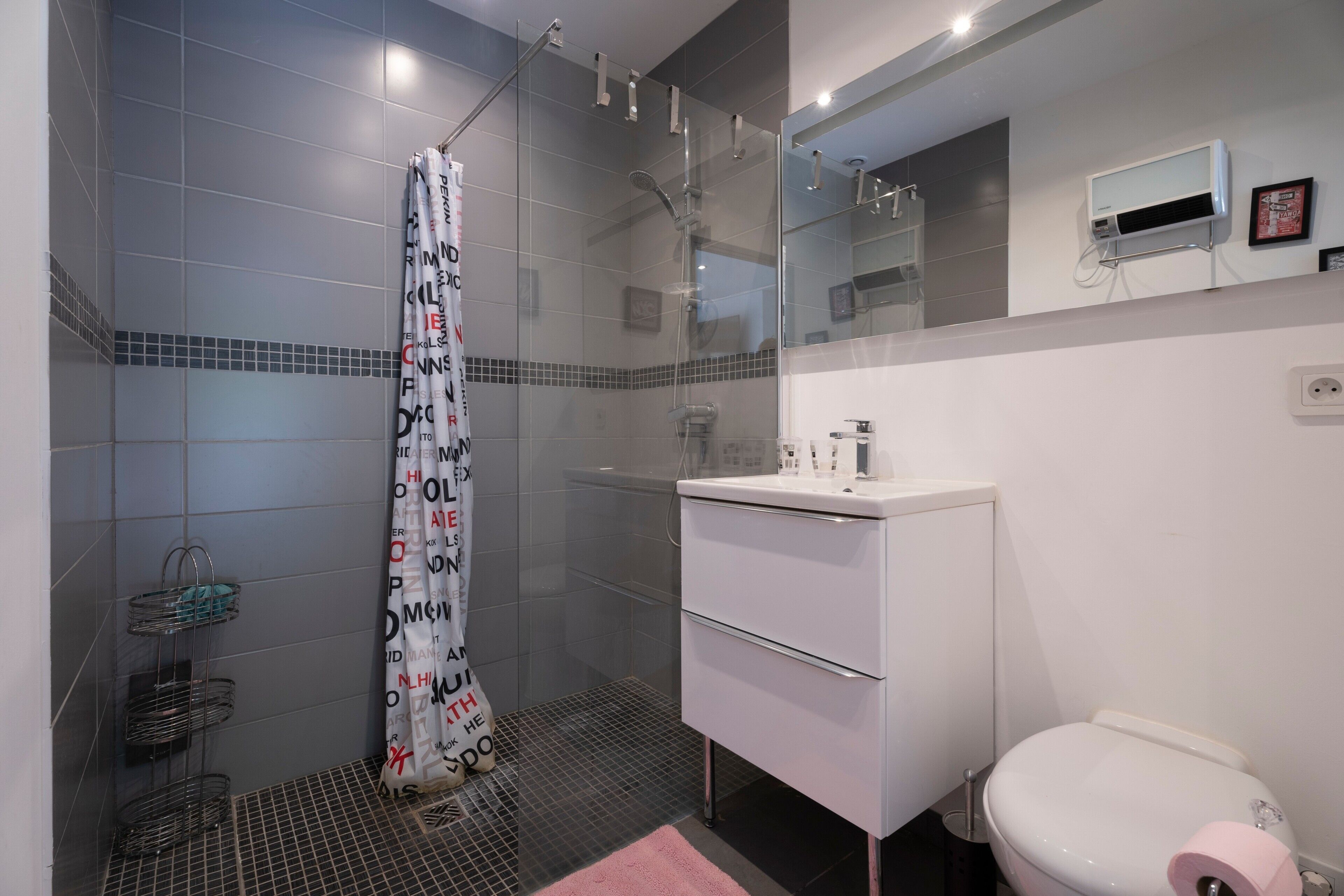 Shower, hair dryer, towels