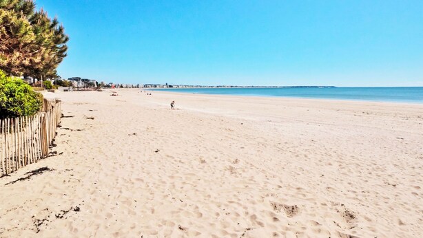 Ein weiter, sandiger Strand mit blauem, wolkenlosem Himmel.