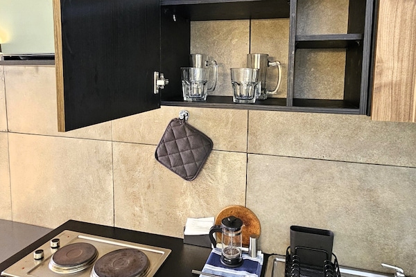 Fridge, microwave, coffee/tea maker, blender