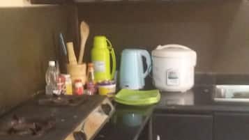 Mini-fridge, microwave, stovetop, rice cooker