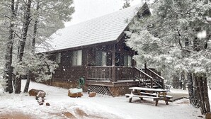 Une cabane dotée d’une terrasse en bois, entourée d’arbres couverts de neige.