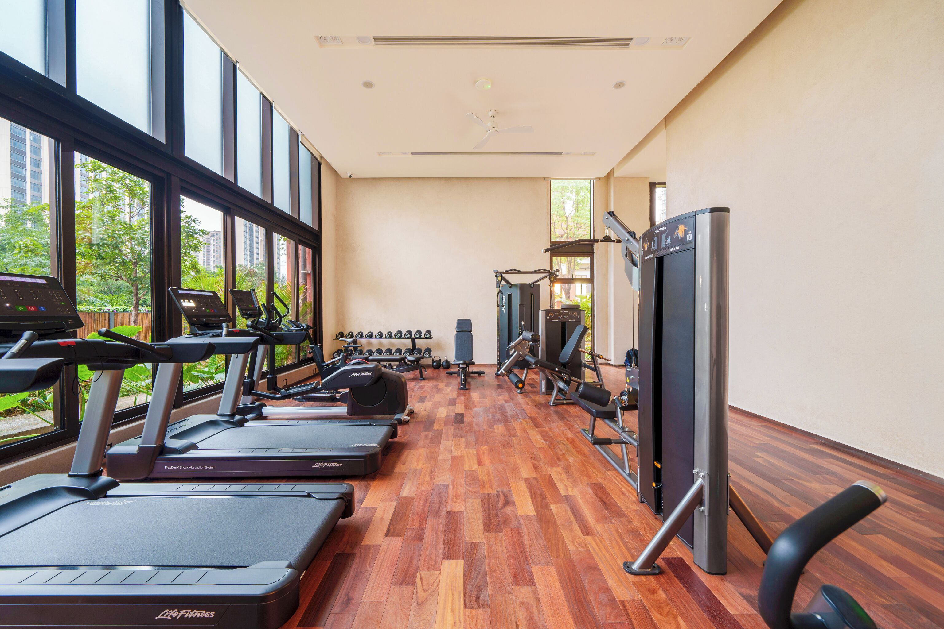 A gym with treadmills, dumbbells, and weight machines.