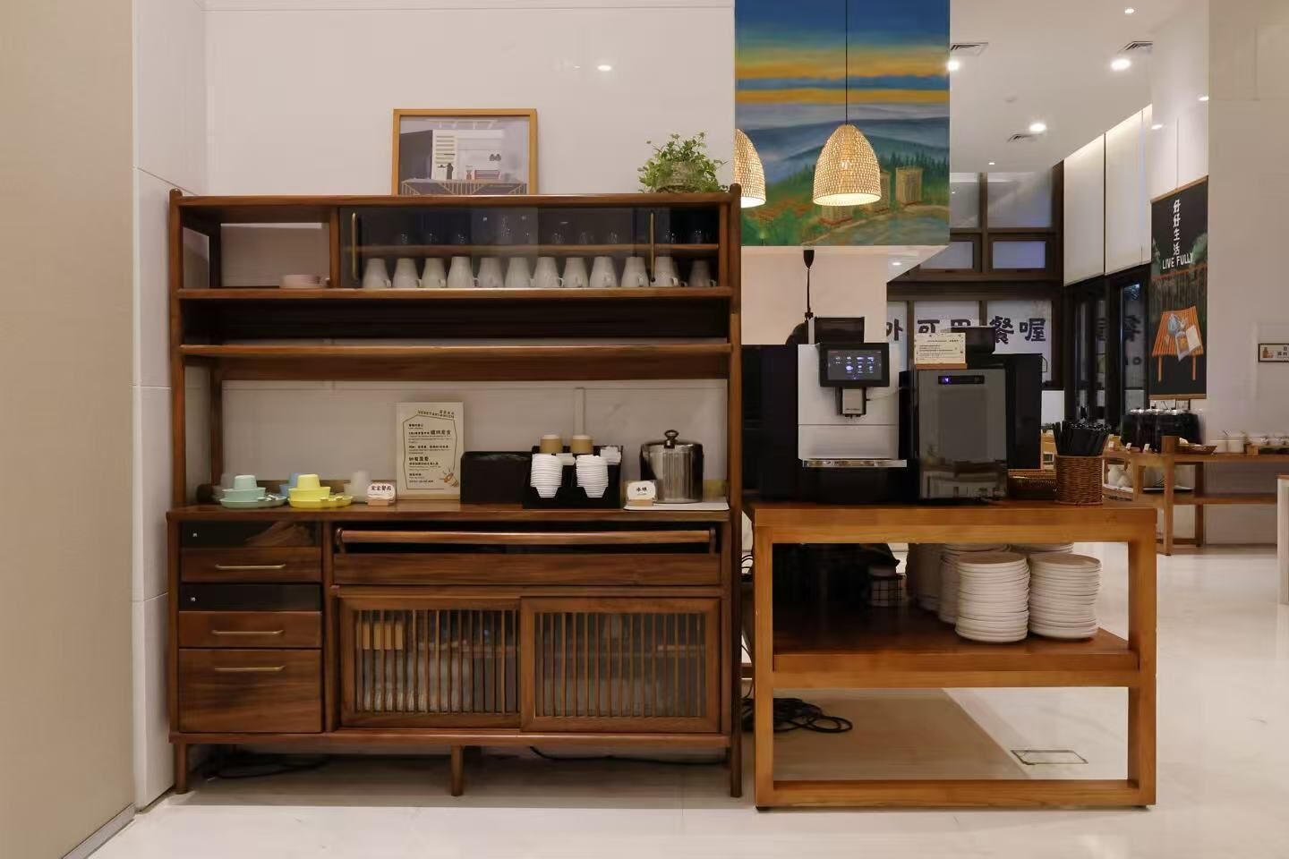 A coffee shop interior with wooden furniture, a coffee machine, and a menu board.