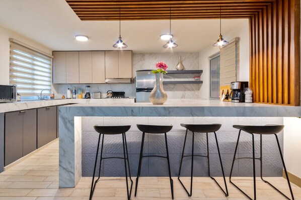 Fridge, microwave, oven, stovetop