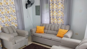 Una sala de estar con dos sofás grises, un tapete marrón y un ventilador de pared.