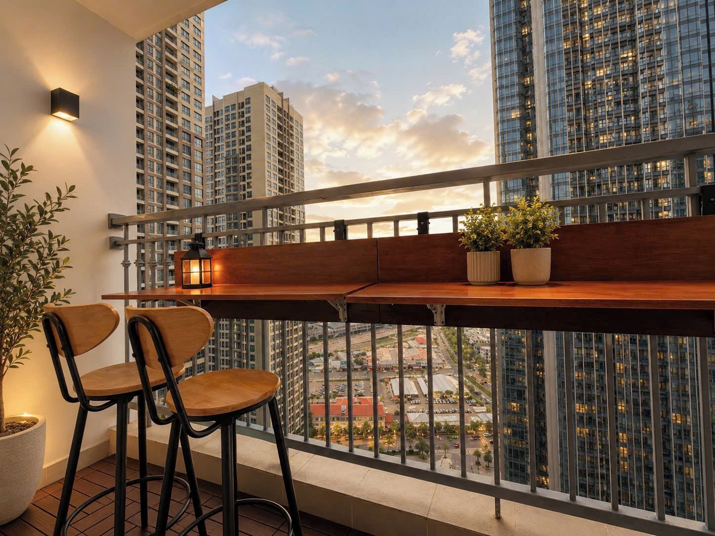 A balcony with a wooden bench, two chairs, and potted plants.
