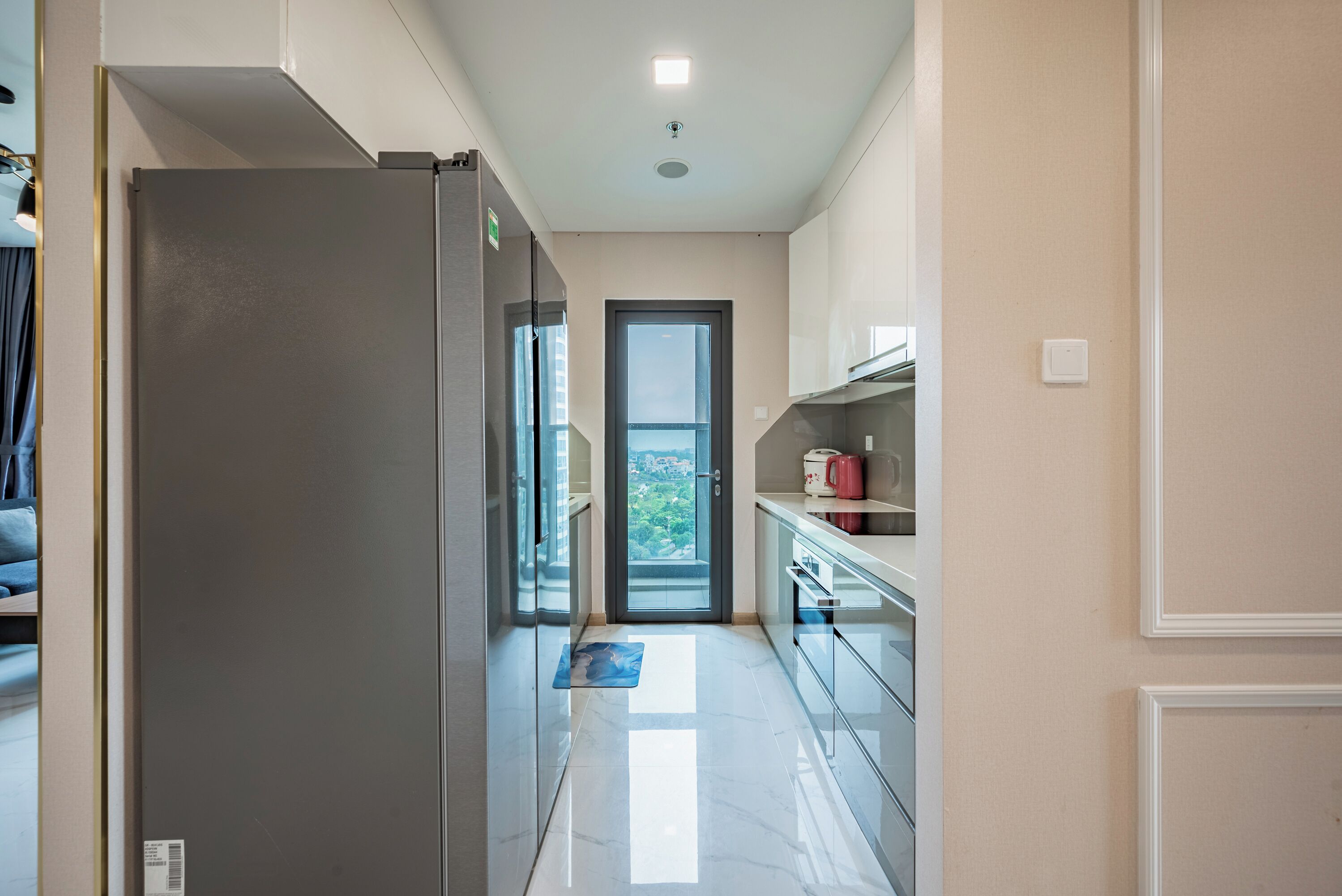 A modern kitchen with a refrigerator, a door leading to a balcony, and a view of greenery outside.