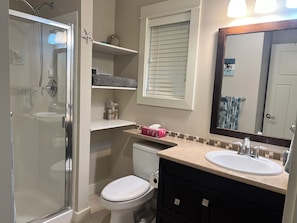Shower, towels, soap, shampoo