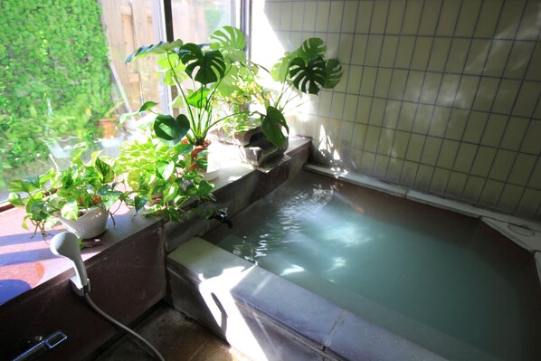 Une salle de bain avec une baignoire, des plantes en pot et une fenêtre donnant sur un paysage verdoyant.