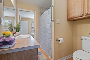 Shower, hair dryer, towels, toilet paper