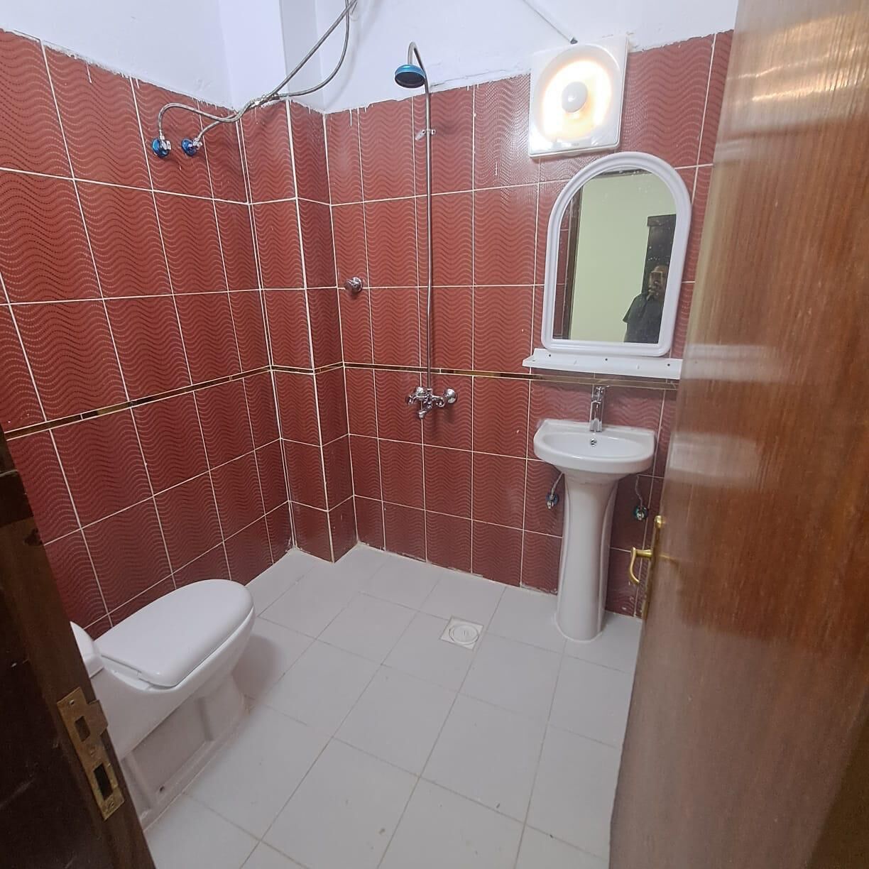 A bathroom with a white toilet, a sink, and a shower.