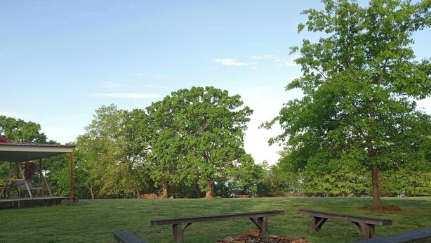 Un espacio al aire libre con césped, mesas de picnic y una chimenea.