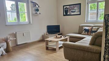 Ein Wohnzimmer mit Sofa, Fernseher, Couchtisch und Heizkörper.