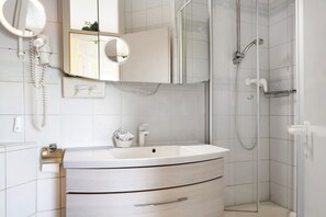 Shower, hair dryer, towels