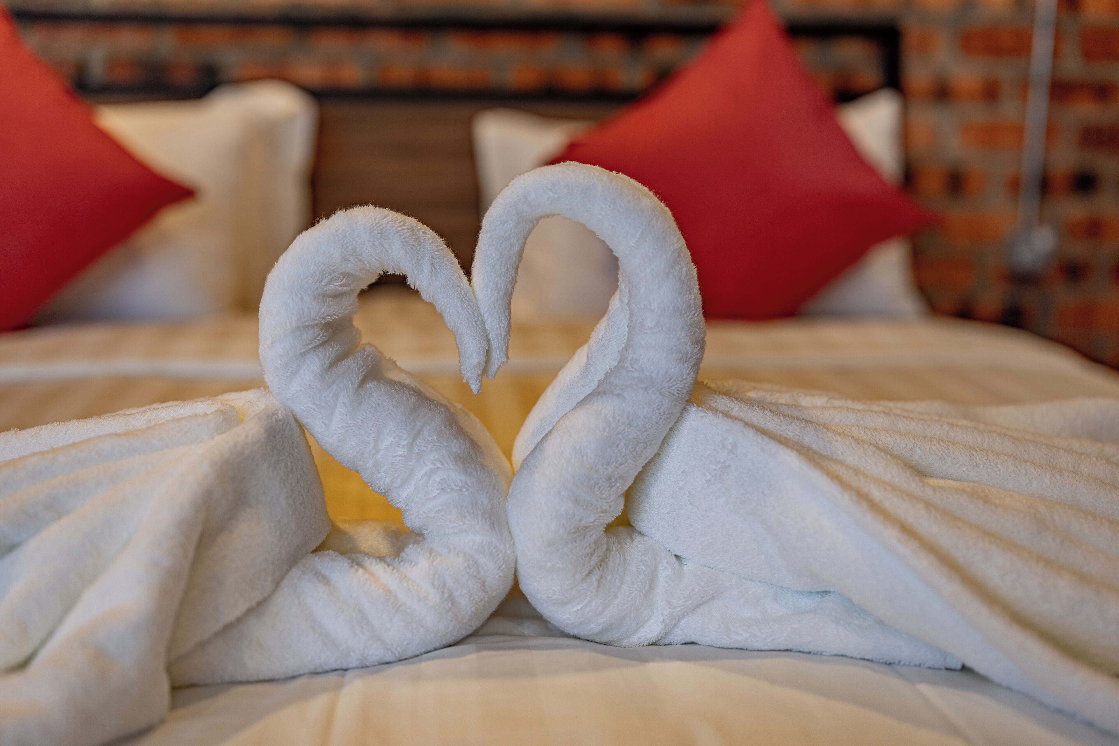 A bed with white towels arranged in a heart shape.
