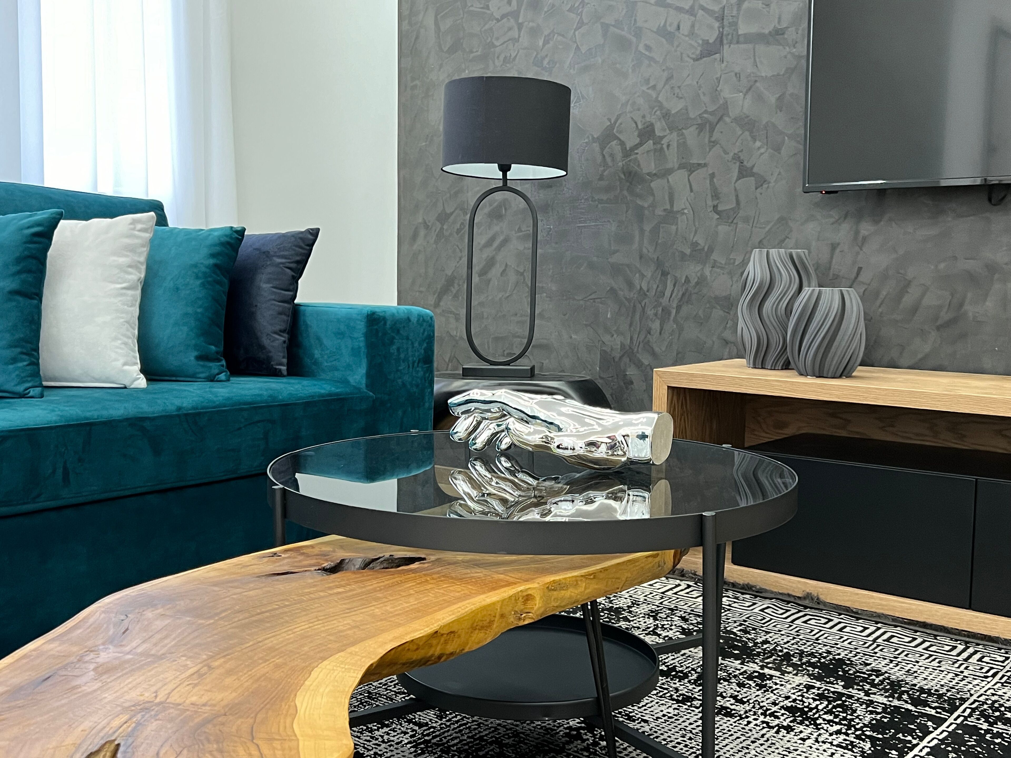 Signature Apartment | Living area | 55-inch Smart TV with cable channels, MP3 dock