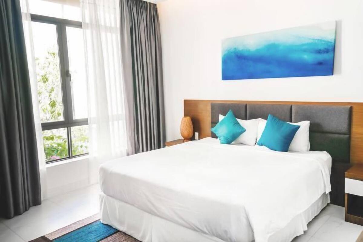 Down duvets, desk, blackout curtains, iron/ironing board
