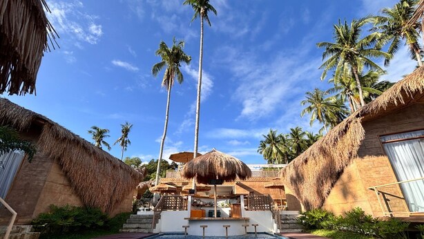 A pool area with a bar, palm trees, and thatched-roof structures. - Nadhibar Resort (Mahinog)