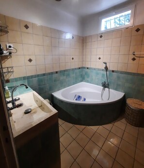 Dusj, hårføner, håndklær og toalettpapir