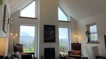 Smart TV, fireplace, books, stereo