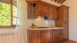 Una cocina con armarios de madera, una ventana con vista a follaje y un salpicadero de azulejos.