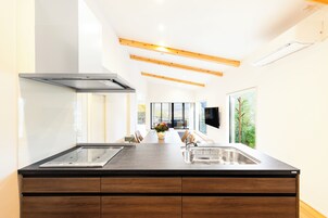 Full-sized fridge, microwave, oven, stovetop