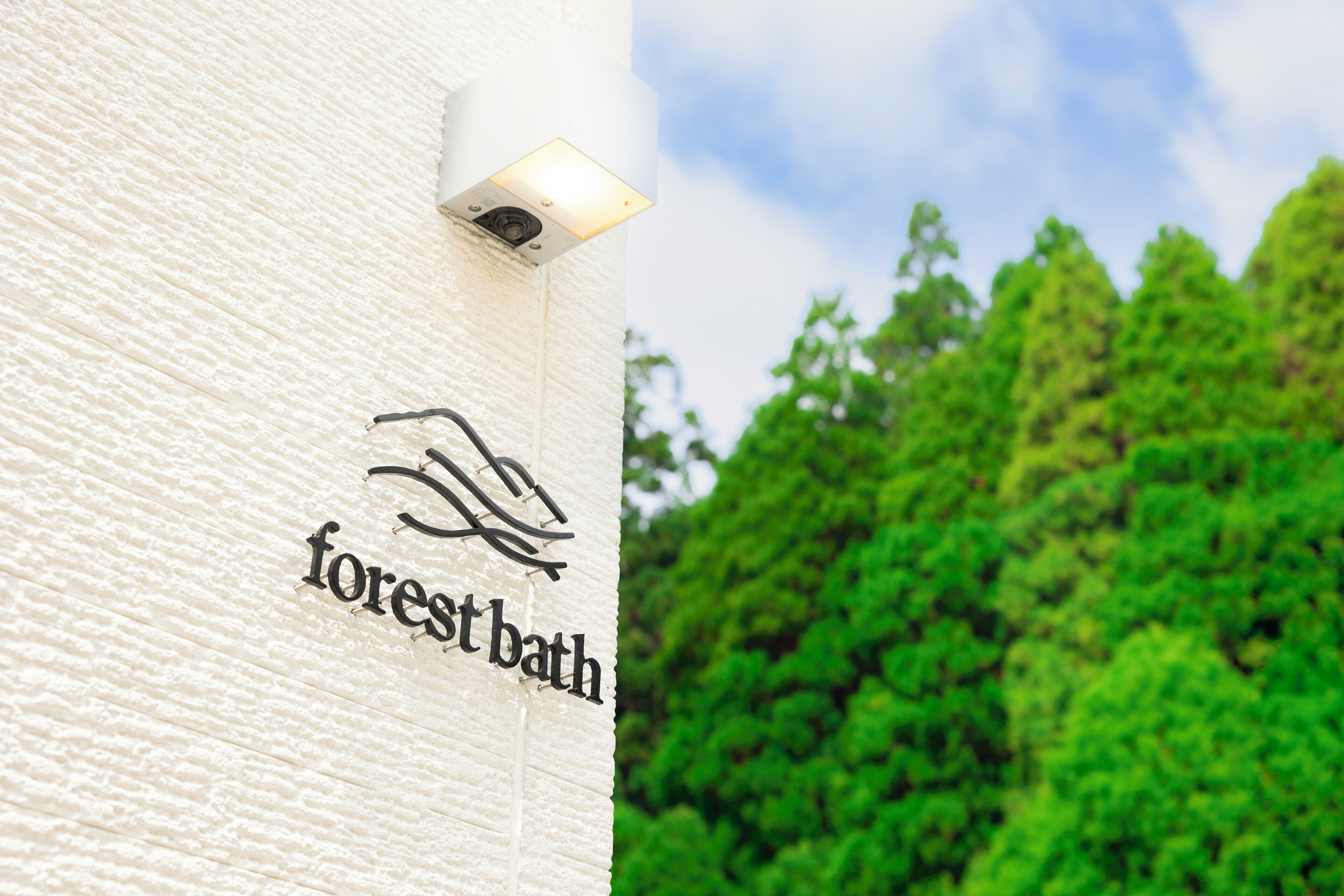 A white textured wall with a security camera and the words "forest bath" in a stylized font.