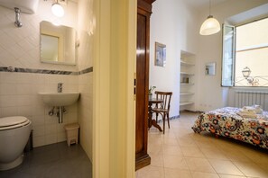 Shower, hair dryer, bidet, towels