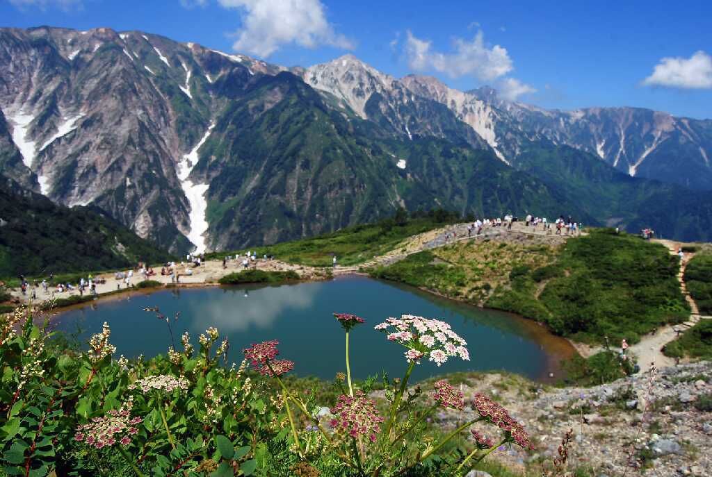 A mountainous landscape with a lake, a path, and a group of people.