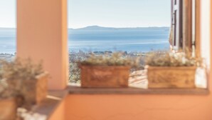Une vue depuis une fenêtre donnant sur une étendue d’eau, avec des collines qui se dessinent à l’horizon. On aperçoit des plantes en pot au premier plan.