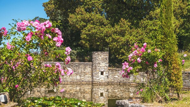 Een stenen gebouw met een klein raam, omringd door weelderige begroeiing en roze bloemen.